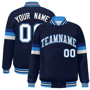 Custom Navy White-Powder Blue Color Block Bomber Varsity Full-Snap Baseball Jacket