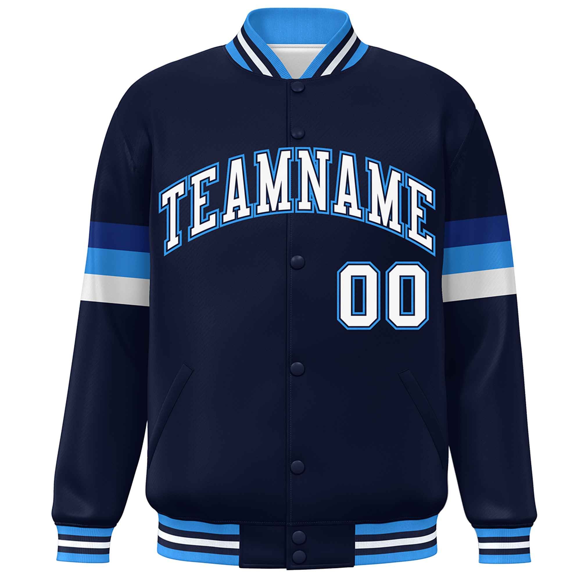 Custom Navy White-Powder Blue Color Block Bomber Varsity Full-Snap Baseball Jacket