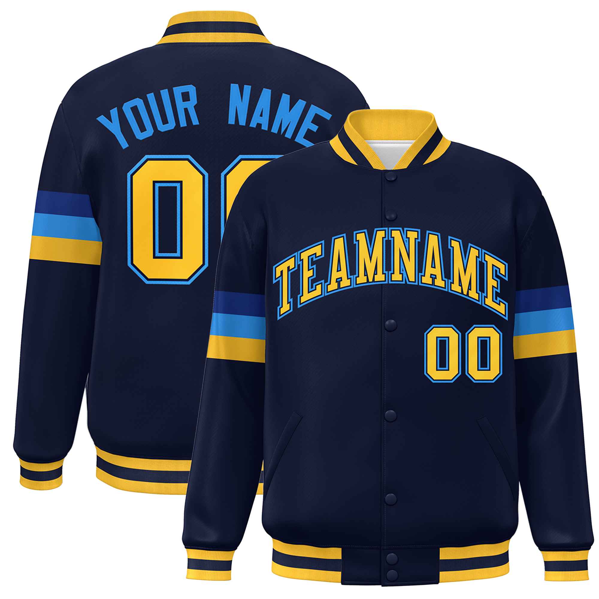 Custom Navy Gold-Powder Blue Color Block Bomber Varsity Full-Snap Baseball Jacket