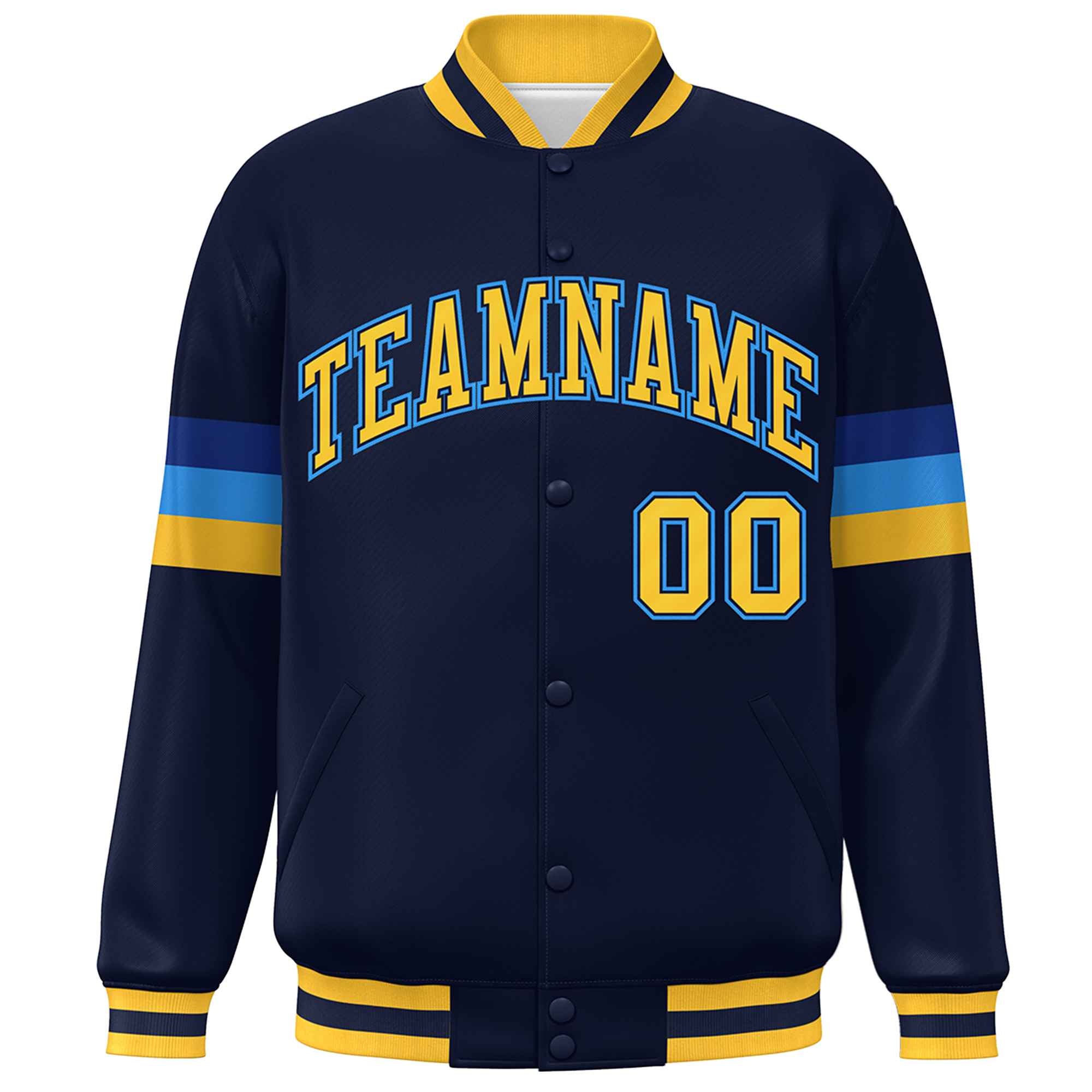 Custom Navy Gold-Powder Blue Color Block Bomber Varsity Full-Snap Baseball Jacket