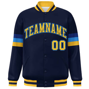 Custom Navy Gold-Powder Blue Color Block Bomber Varsity Full-Snap Baseball Jacket