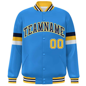 Custom Powder Blue Navy-Gold Color Block Bomber Varsity Full-Snap Baseball Jacket