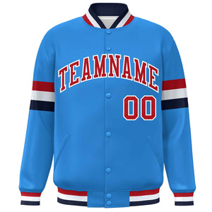 Custom Powder Blue Red-White Color Block Bomber Varsity Full-Snap Baseball Jacket