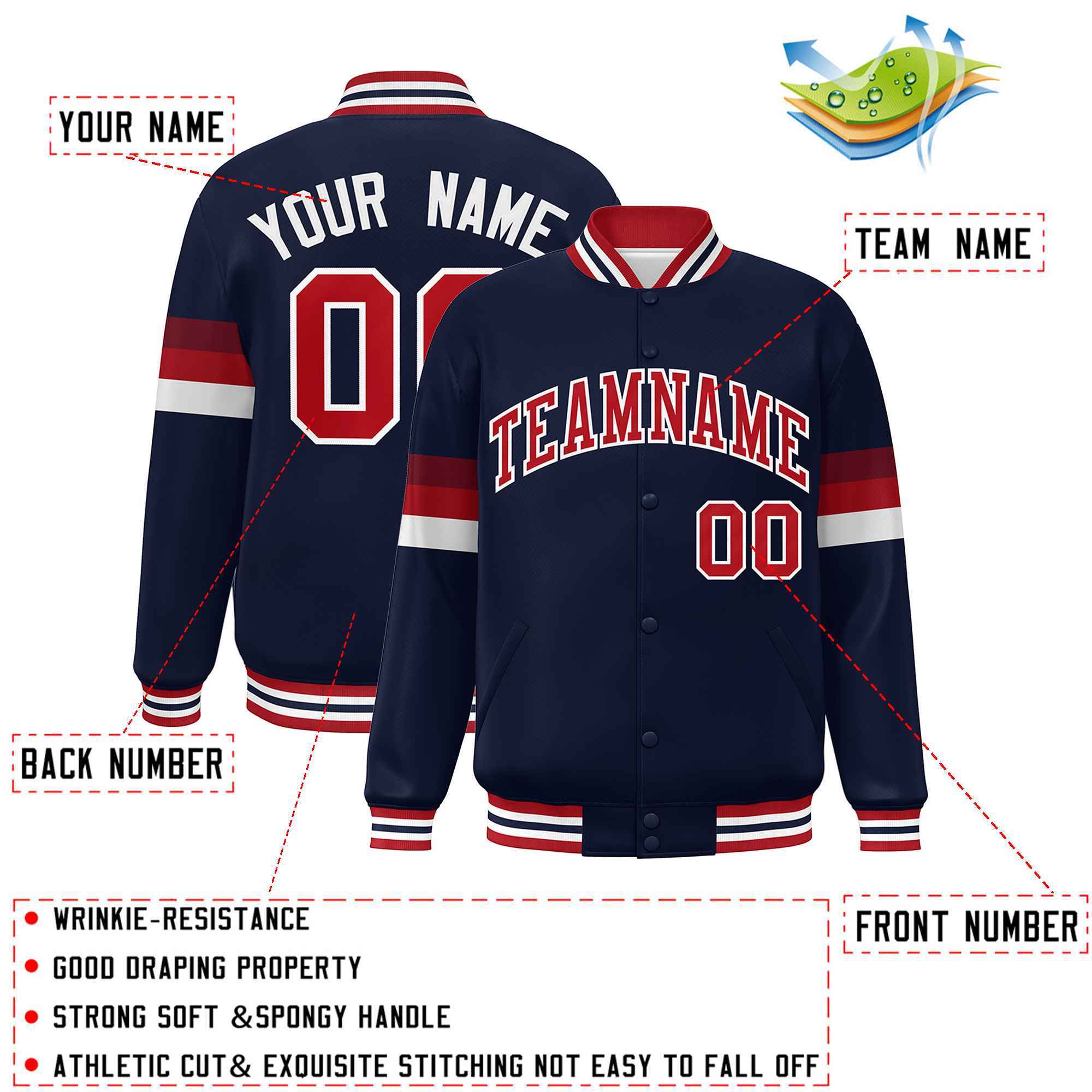 Custom Navy Red-White Color Block Bomber Varsity Full-Snap Baseball Jacket