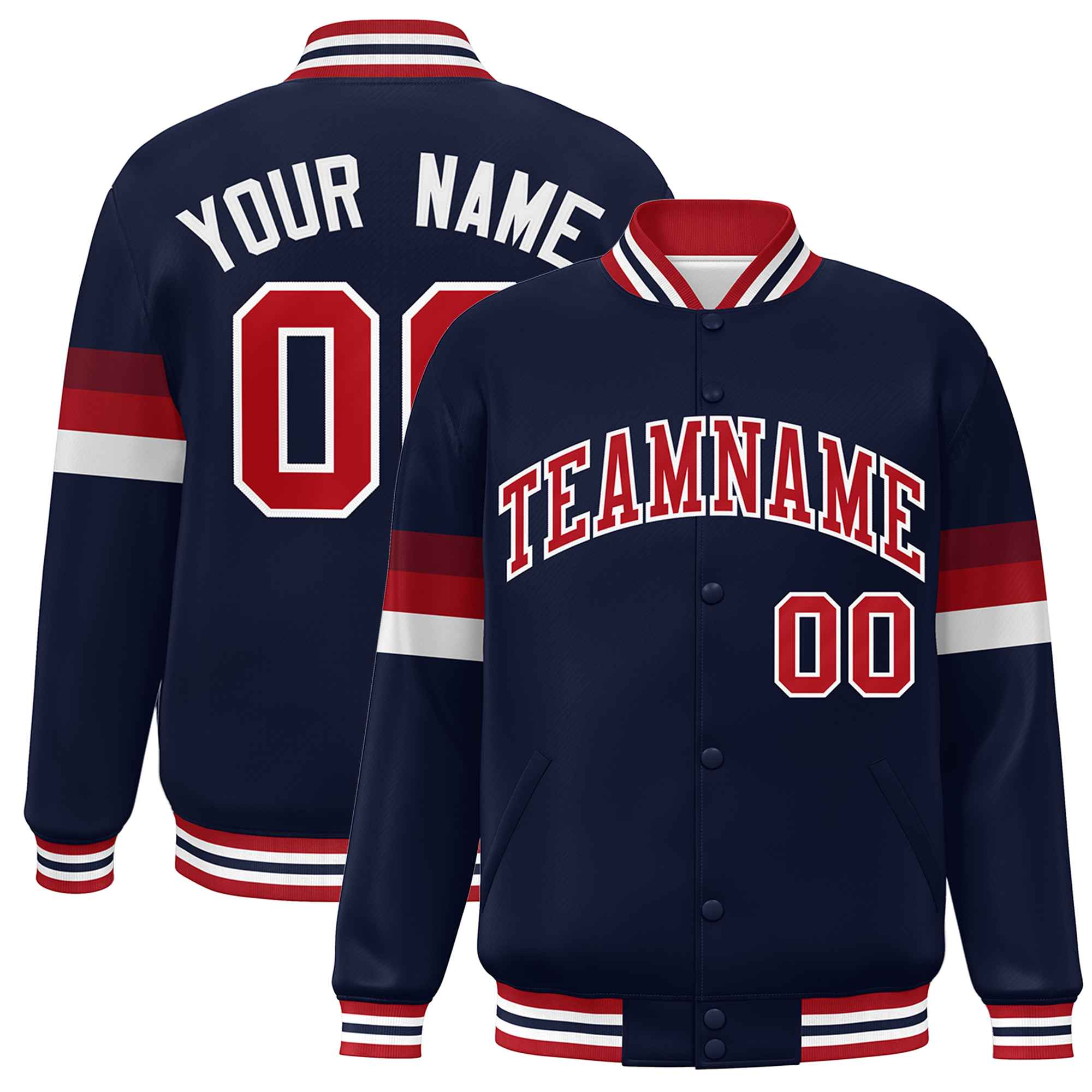 Custom Navy Red-White Color Block Bomber Varsity Full-Snap Baseball Jacket