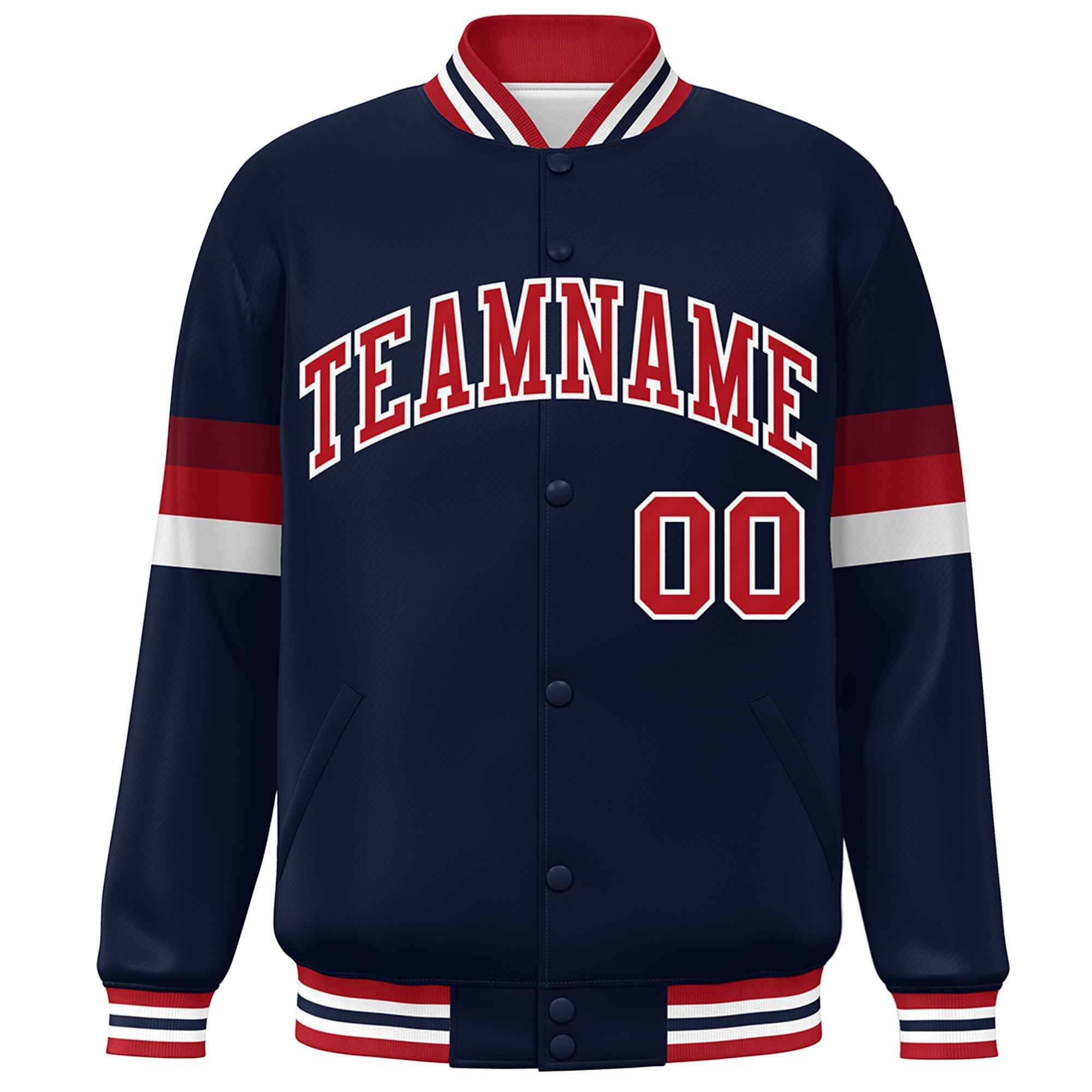 Custom Navy Red-White Color Block Bomber Varsity Full-Snap Baseball Jacket