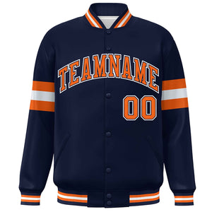 Custom Navy Orange-White Color Block Bomber Varsity Full-Snap Baseball Jacket