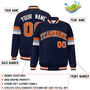 Custom Navy Orange-White Color Block Bomber Varsity Full-Snap Baseball Jacket