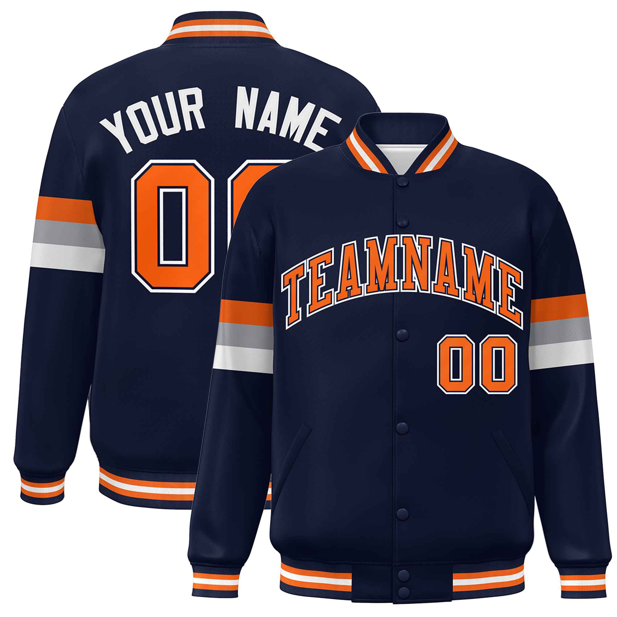 Custom Navy Orange-White Color Block Bomber Varsity Full-Snap Baseball Jacket