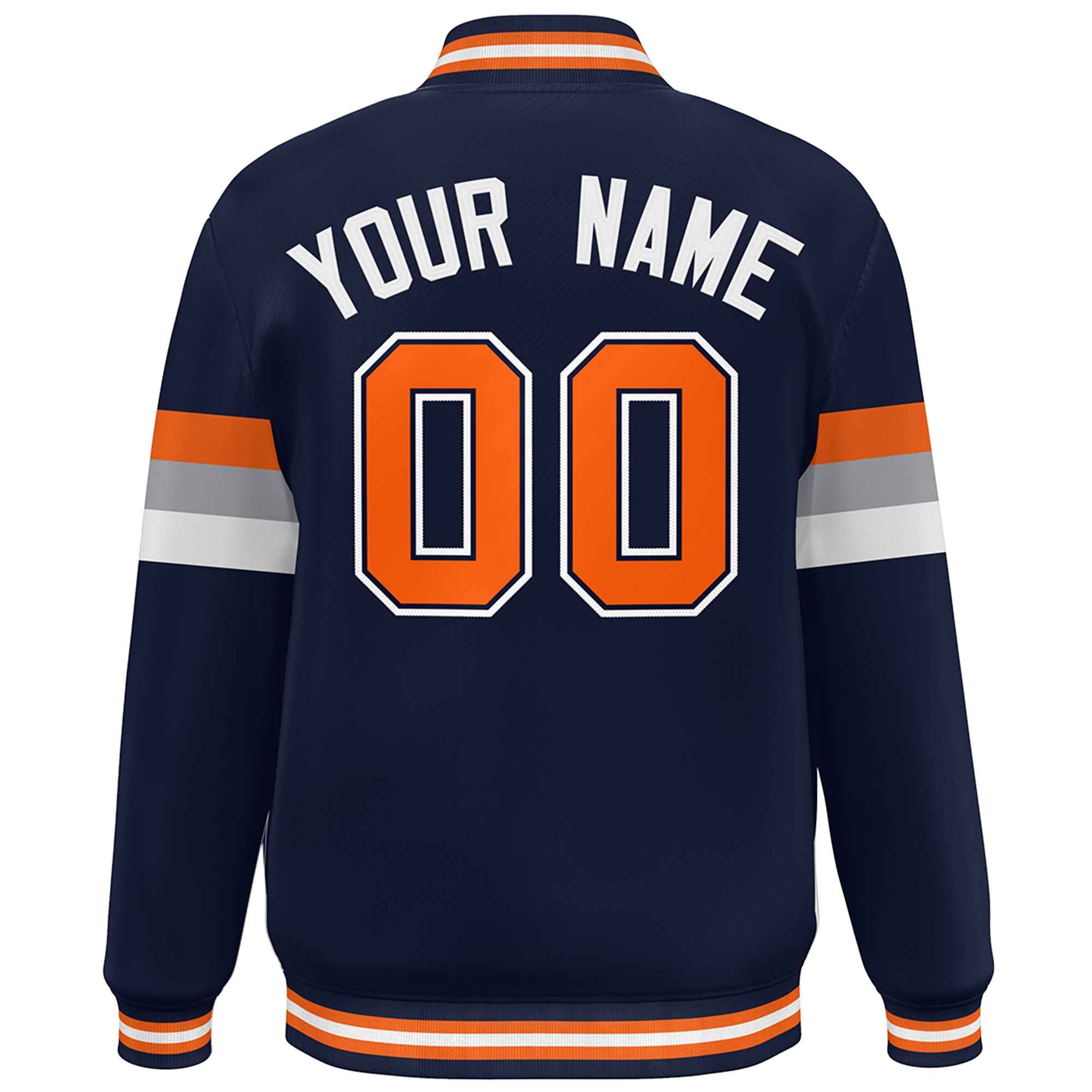 Custom Navy Orange-White Color Block Bomber Varsity Full-Snap Baseball Jacket