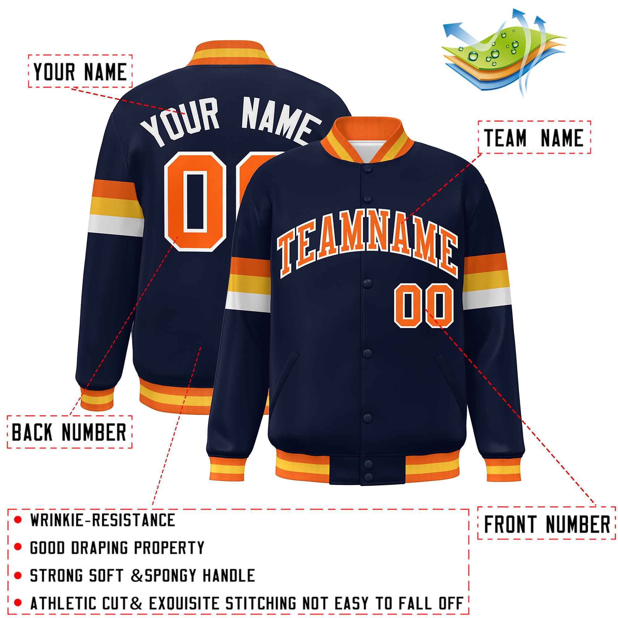 Custom Navy Orange-White Color Block Bomber Varsity Full-Snap Baseball Jacket