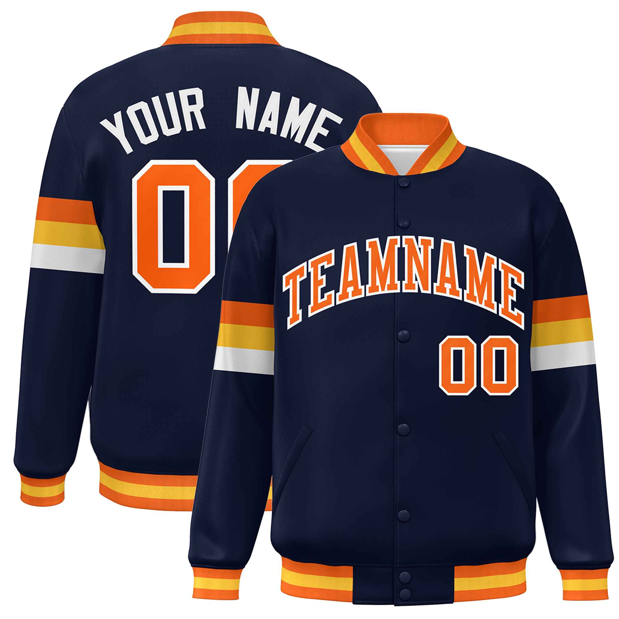 Custom Navy Orange-White Color Block Bomber Varsity Full-Snap Baseball Jacket