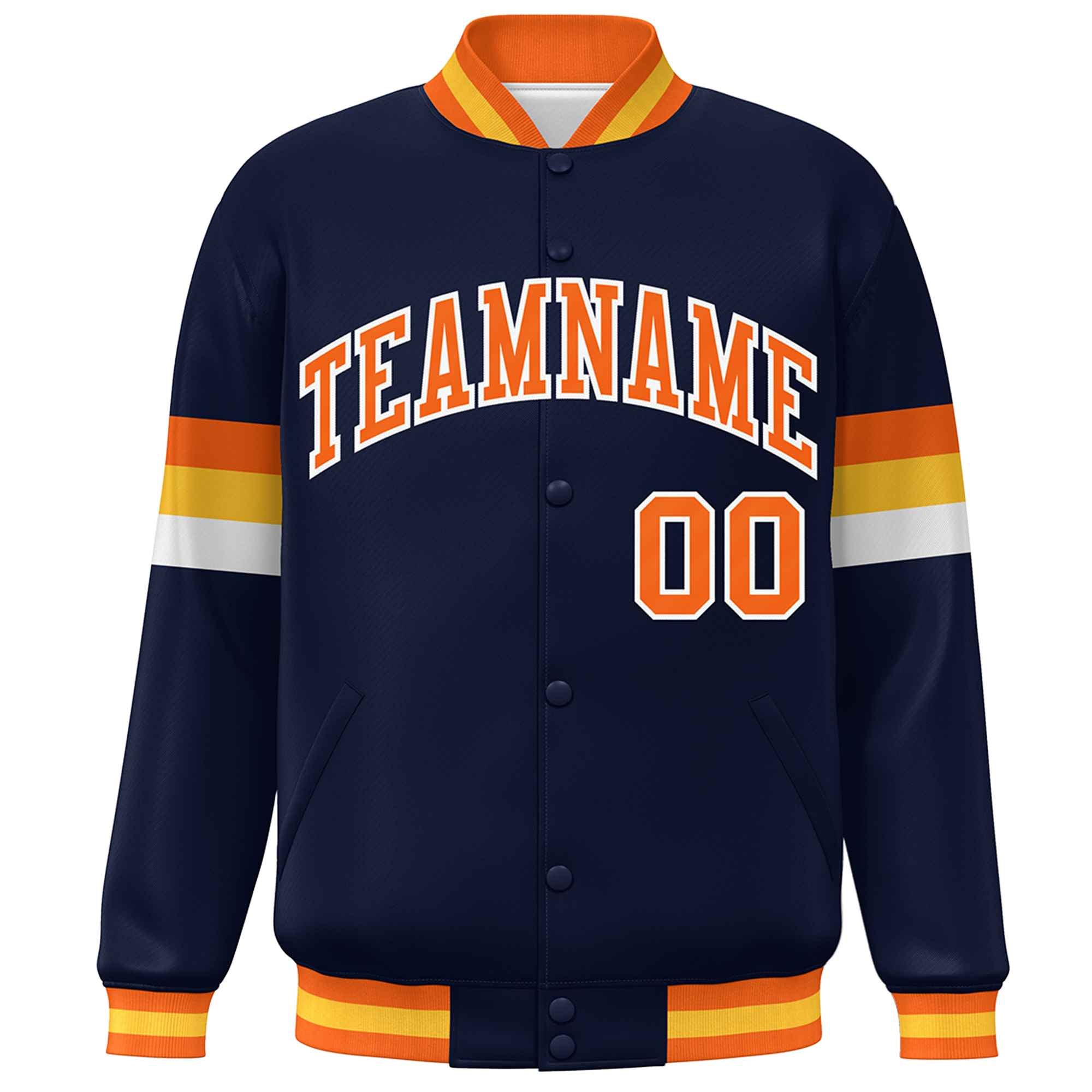 Custom Navy Orange-White Color Block Bomber Varsity Full-Snap Baseball Jacket