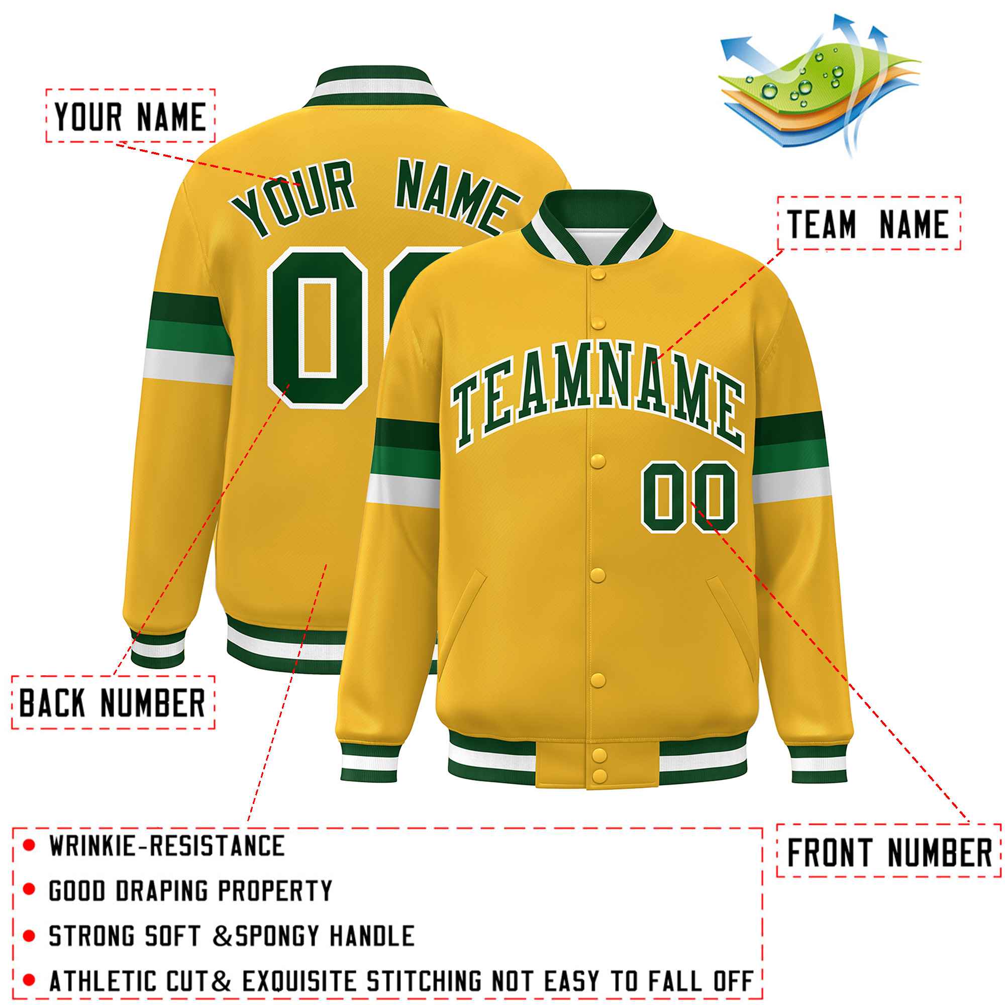 Custom Gold Green-White Color Block Bomber Varsity Full-Snap Baseball Jacket