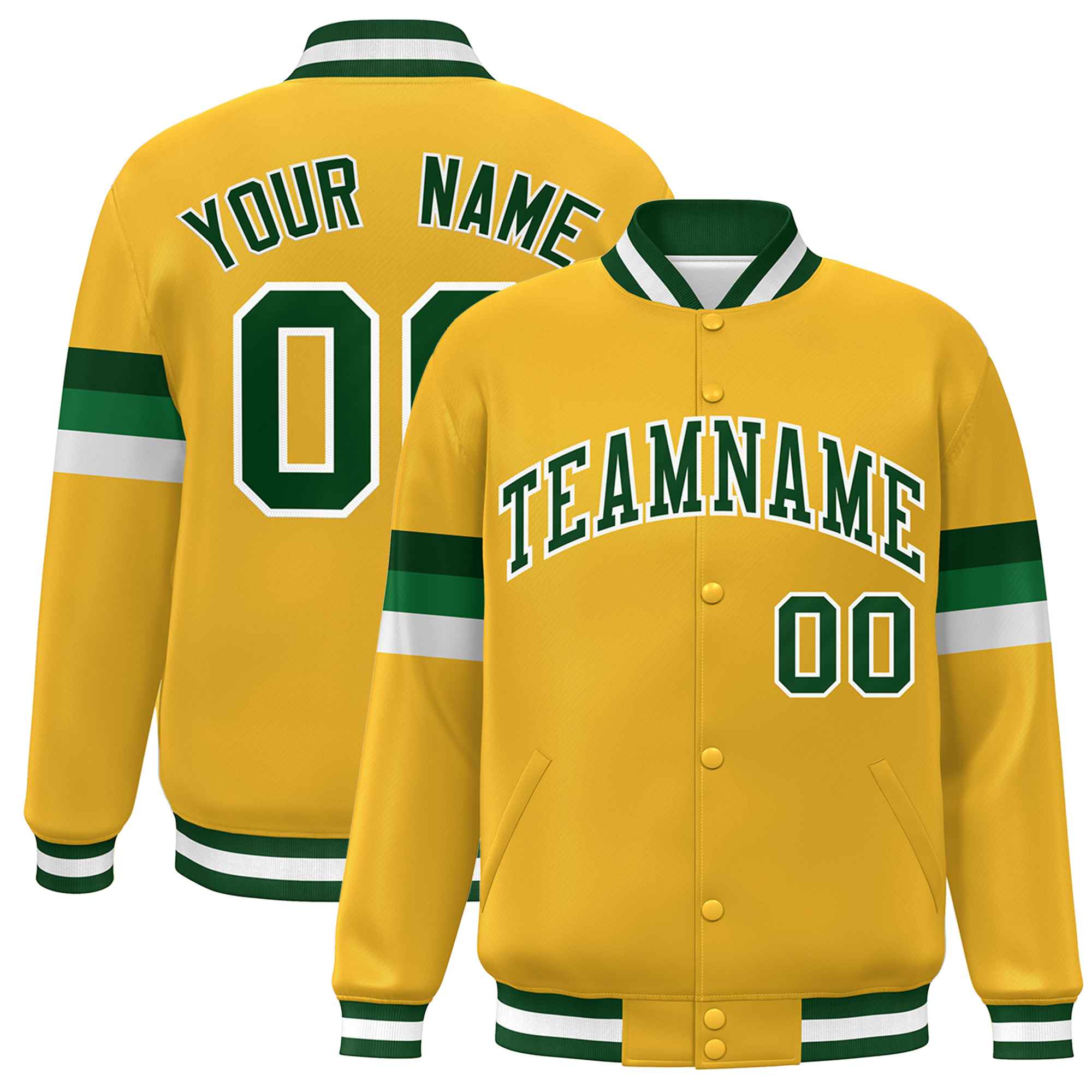 Custom Gold Green-White Color Block Bomber Varsity Full-Snap Baseball Jacket