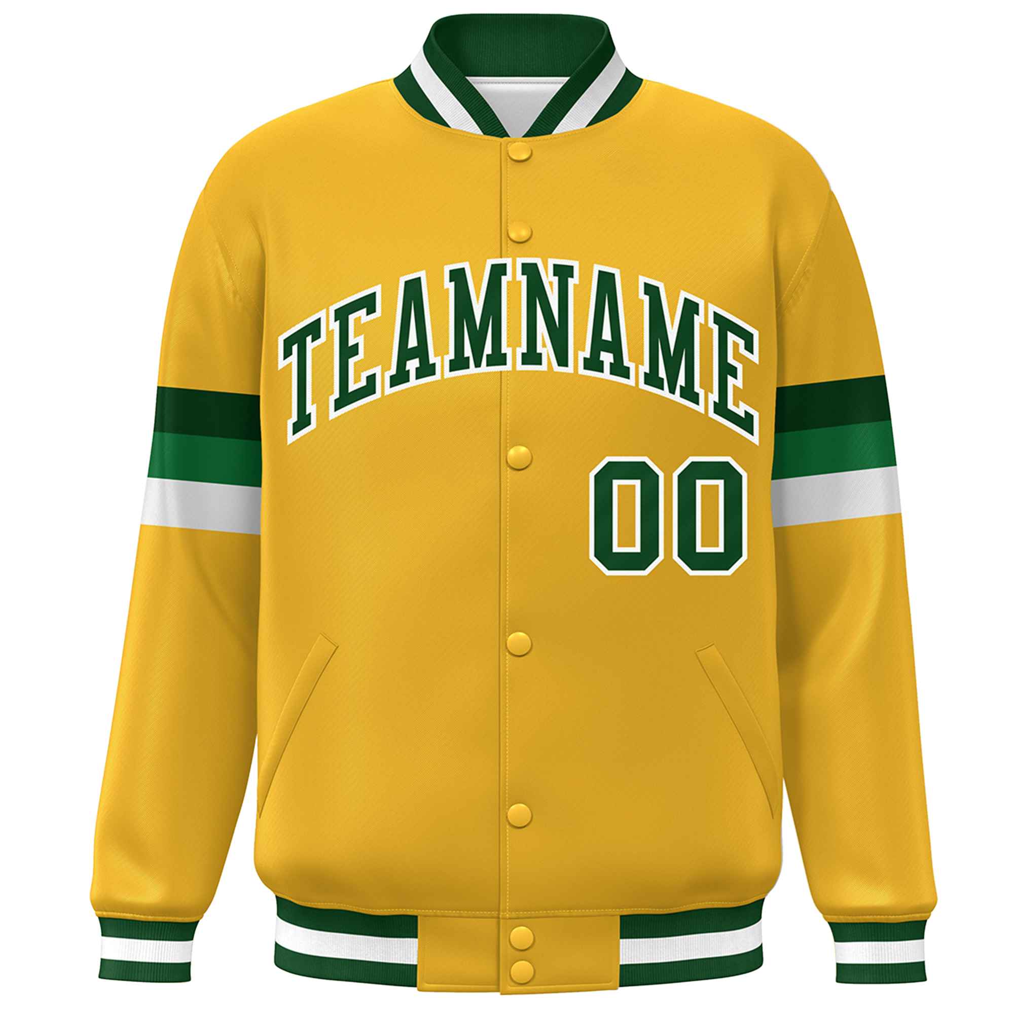 Custom Gold Green-White Color Block Bomber Varsity Full-Snap Baseball Jacket