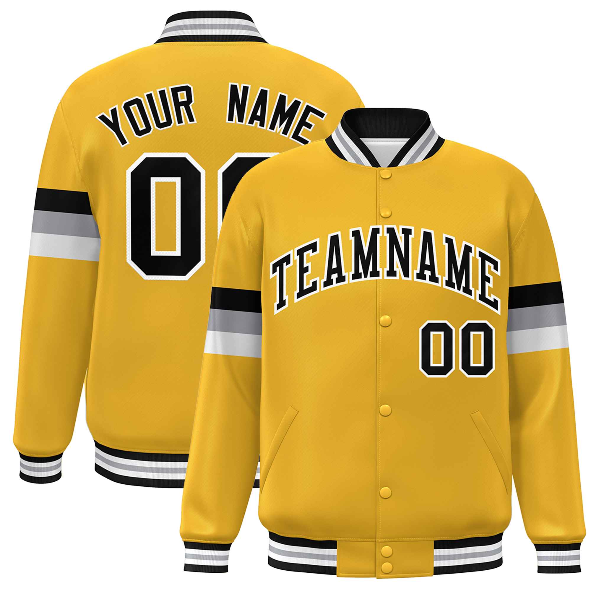 Custom Gold Black-White Color Block Bomber Varsity Full-Snap Baseball Jacket