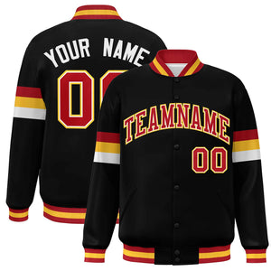 Custom Black Red-Gold Color Block Bomber Varsity Full-Snap Baseball Jacket