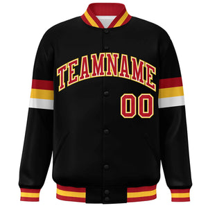 Custom Black Red-Gold Color Block Bomber Varsity Full-Snap Baseball Jacket