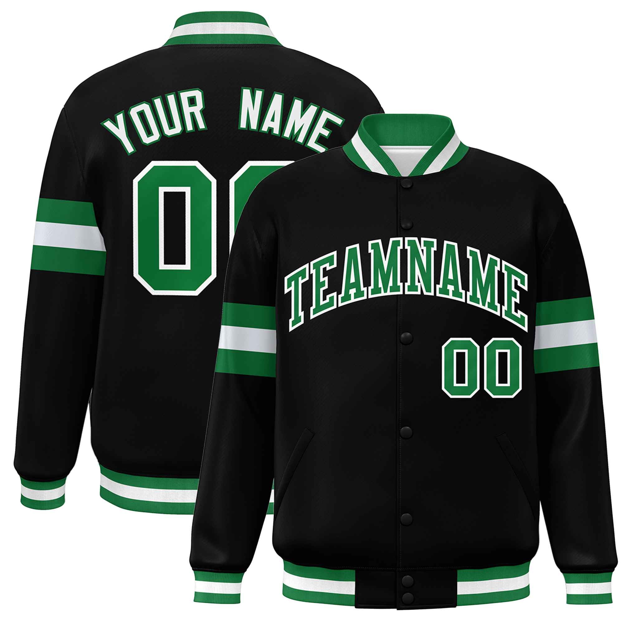 Custom Black Kelly Green-White Color Block Bomber Varsity Full-Snap Baseball Jacket