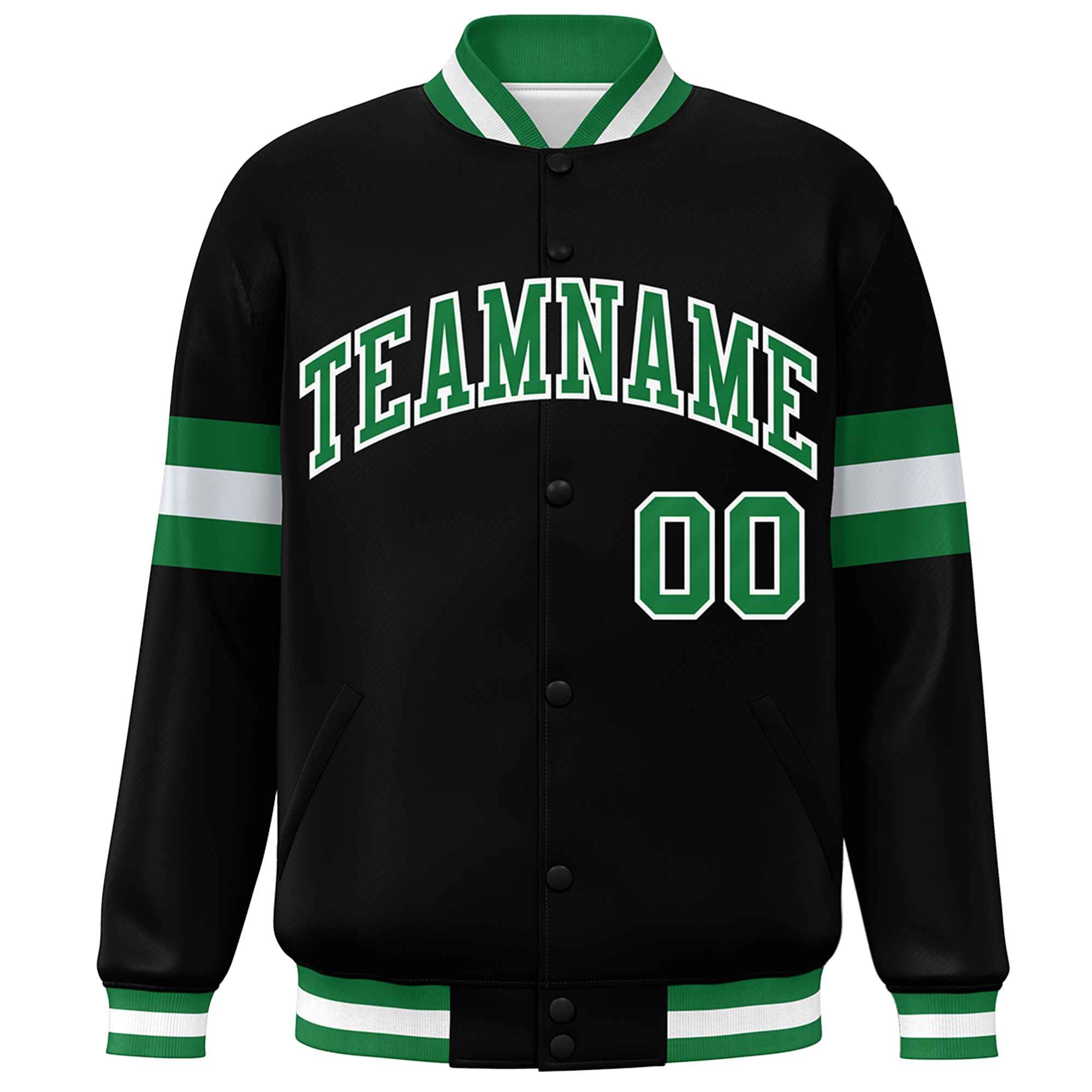 Custom Black Kelly Green-White Color Block Bomber Varsity Full-Snap Baseball Jacket