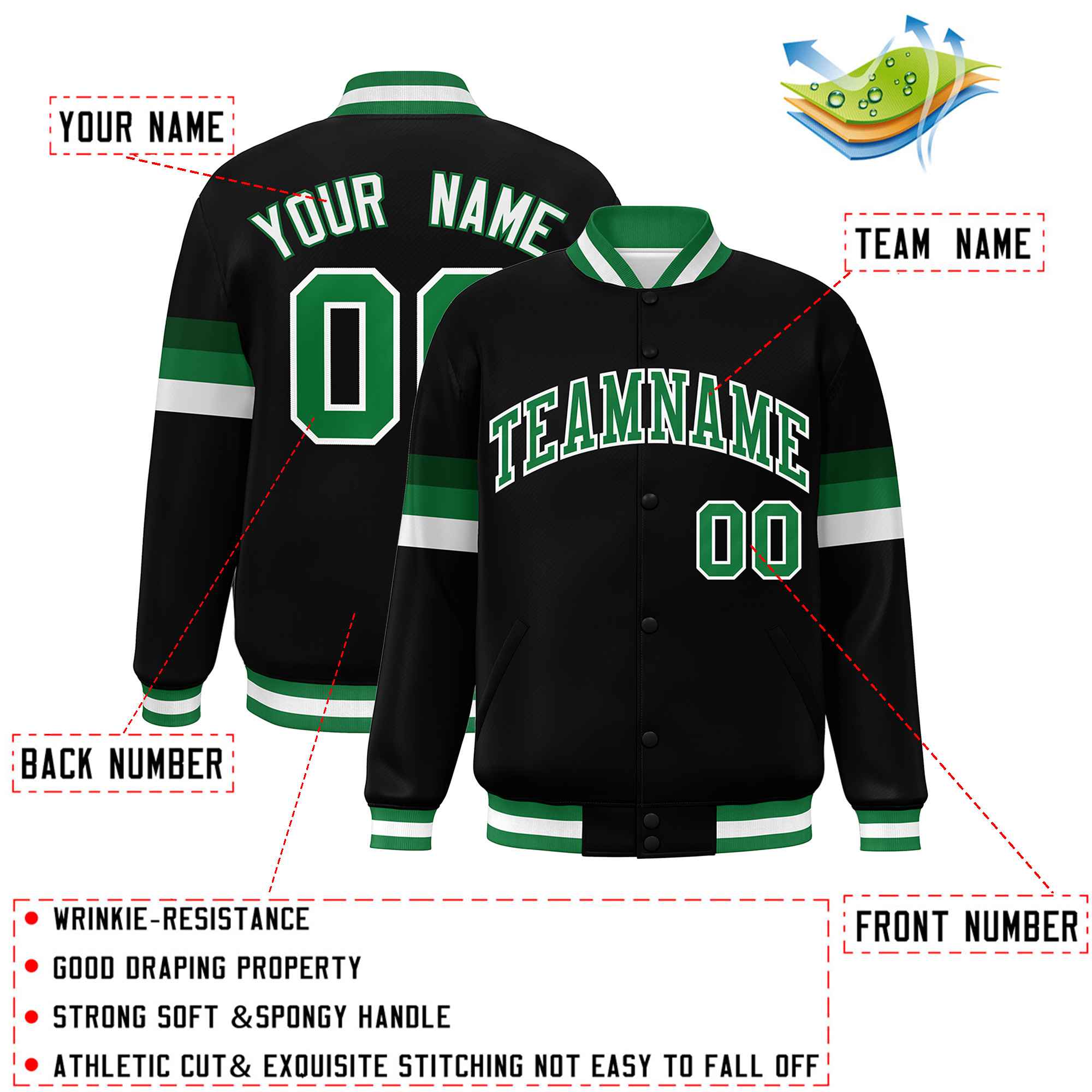 Custom Black Kelly Green-White Color Block Bomber Varsity Full-Snap Baseball Jacket