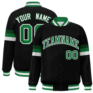 Custom Black Kelly Green-White Color Block Bomber Varsity Full-Snap Baseball Jacket