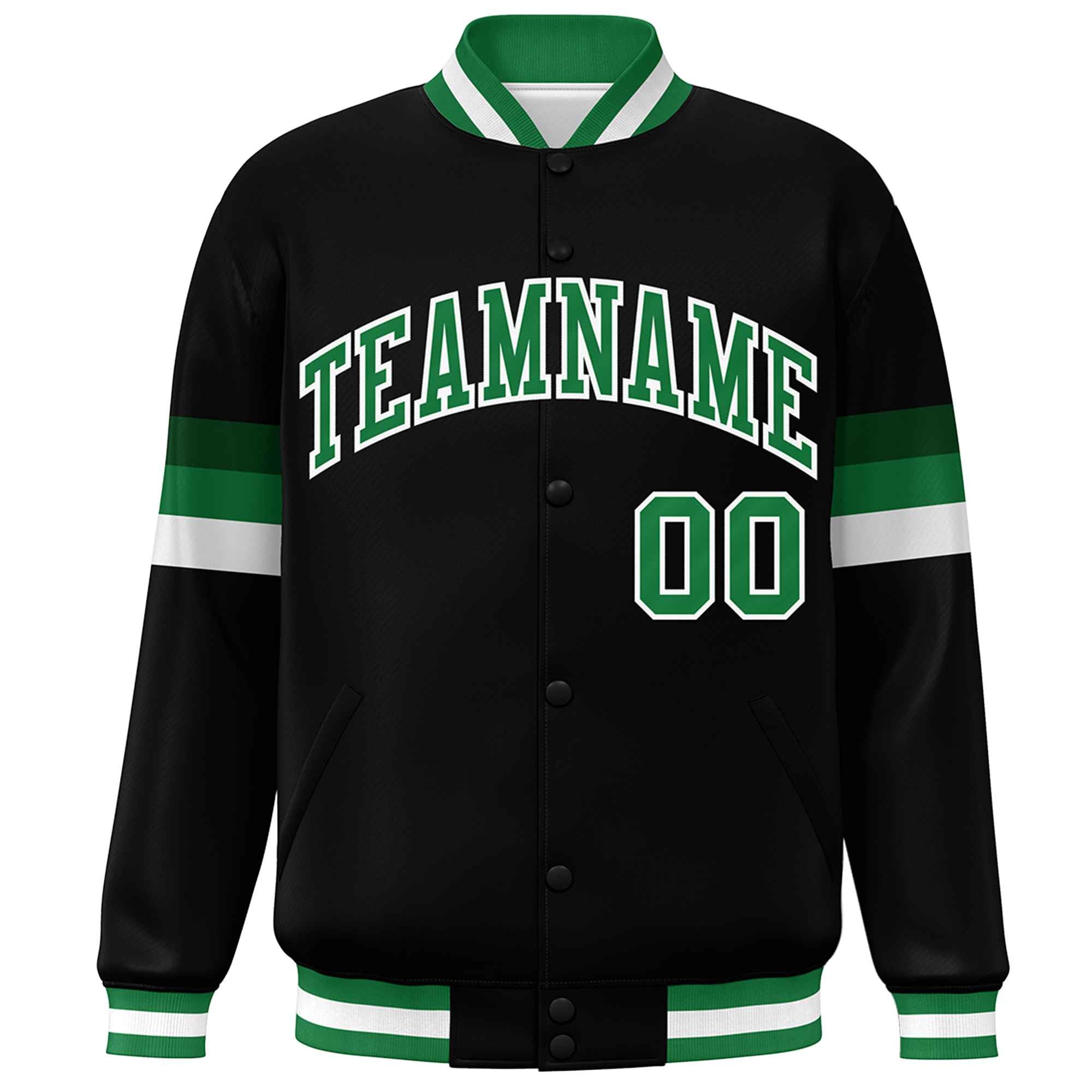 Custom Black Kelly Green-White Color Block Bomber Varsity Full-Snap Baseball Jacket