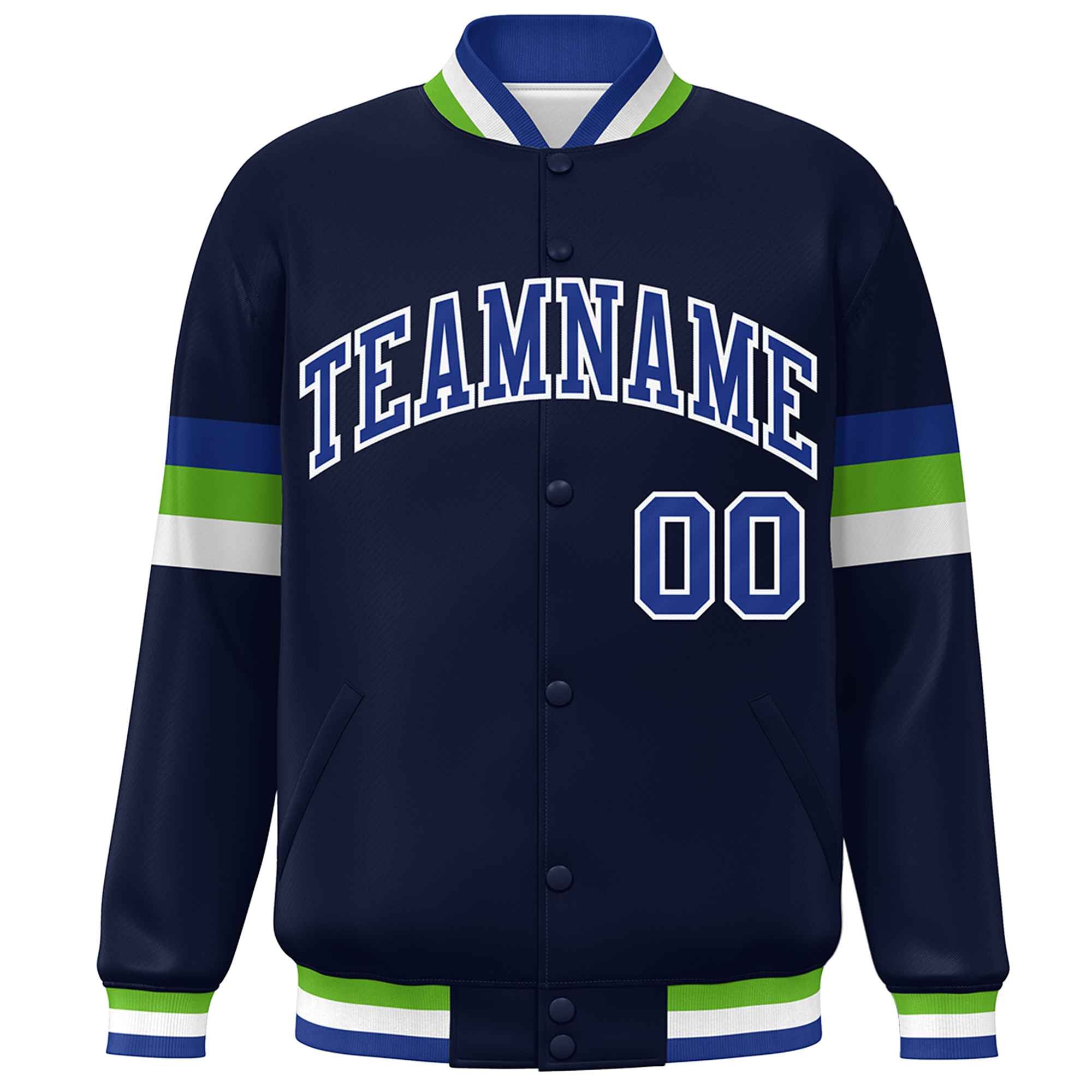 Custom Navy Royal-White Color Block Bomber Varsity Full-Snap Baseball Jacket