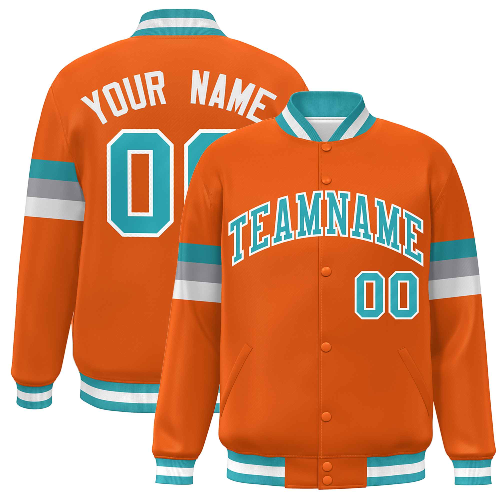 Custom Orange Aqua-White Color Block Bomber Varsity Full-Snap Baseball Jacket