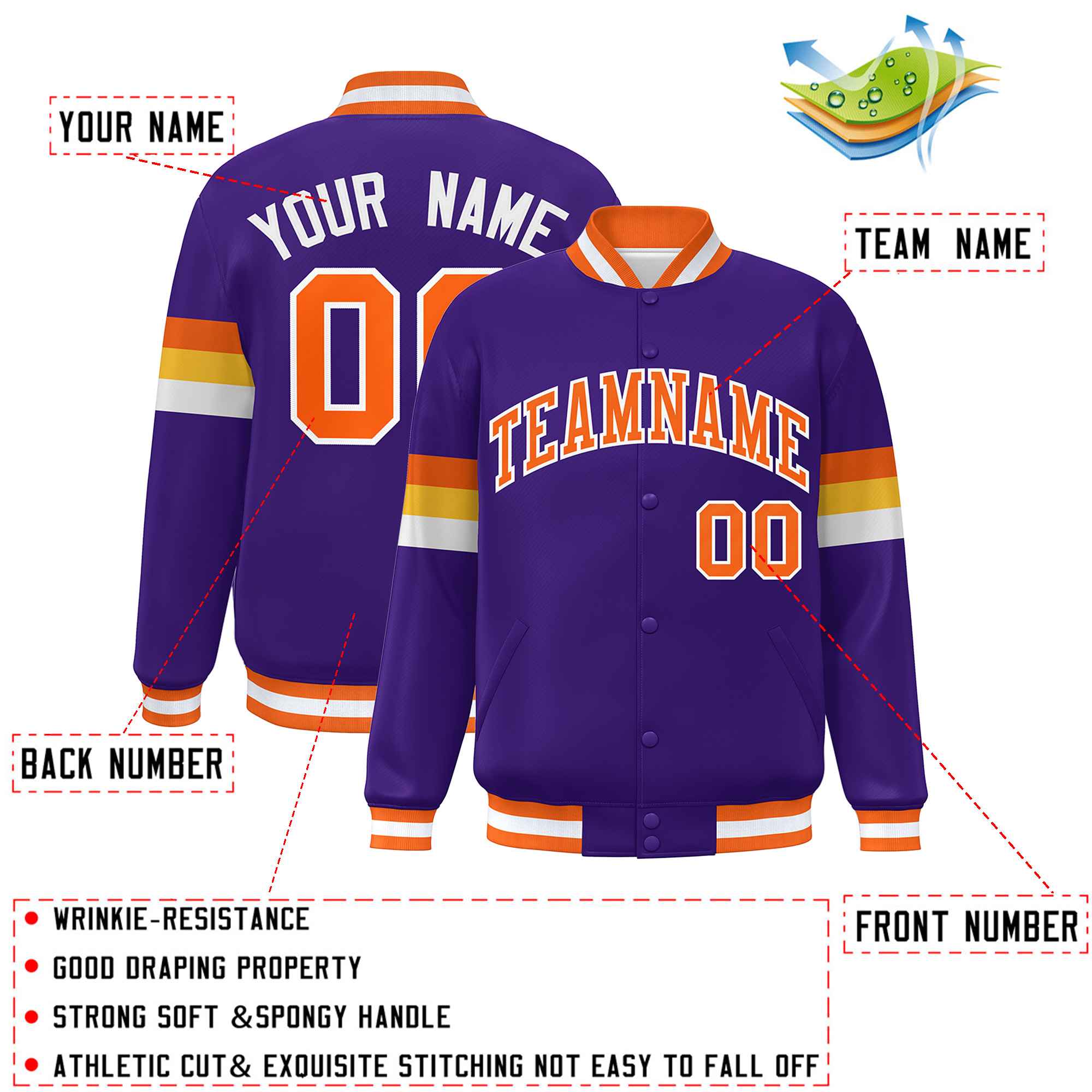 Custom Purple Orange-White Color Block Bomber Varsity Full-Snap Baseball Jacket