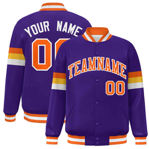 Custom Purple Orange-White Color Block Bomber Varsity Full-Snap Baseball Jacket