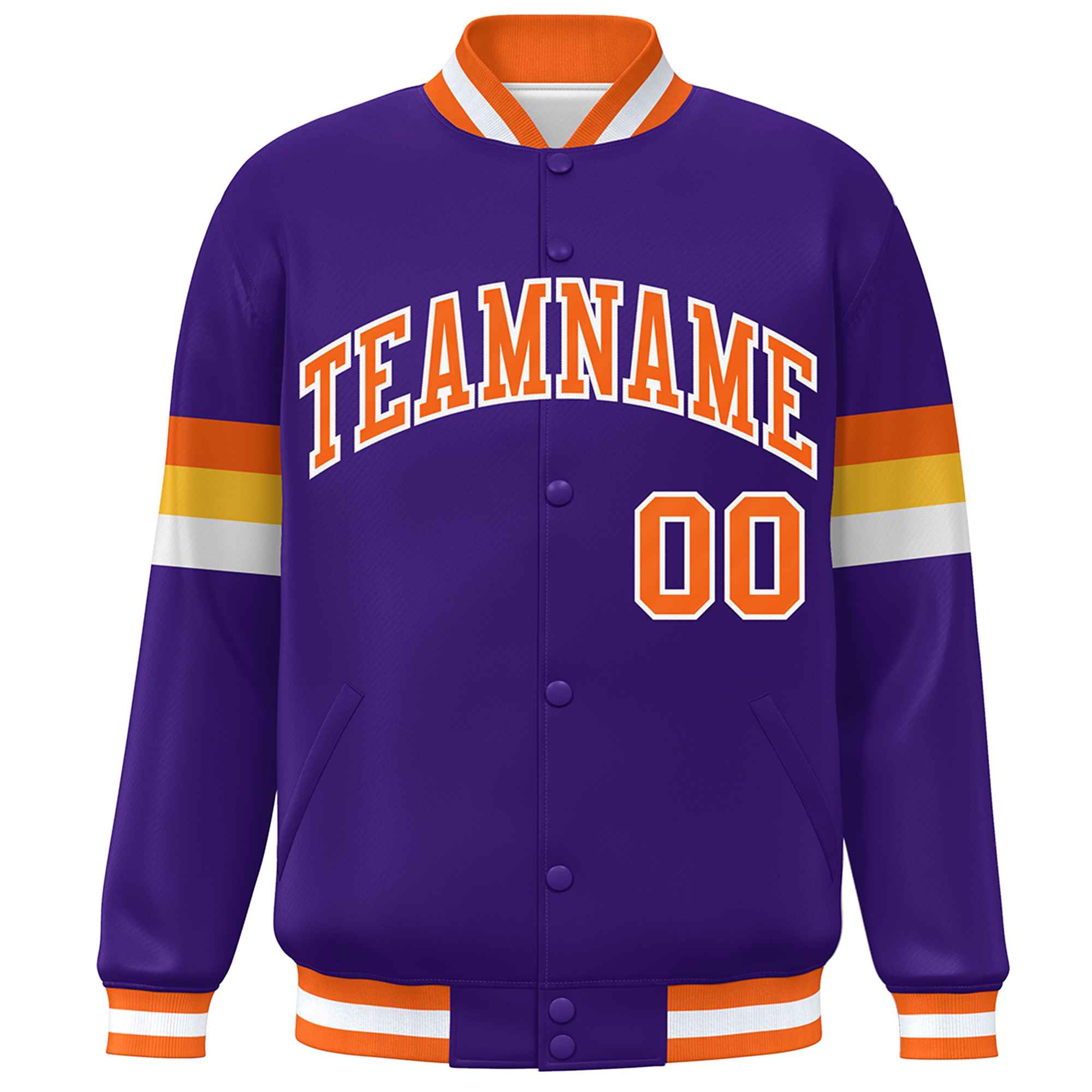 Custom Purple Orange-White Color Block Bomber Varsity Full-Snap Baseball Jacket