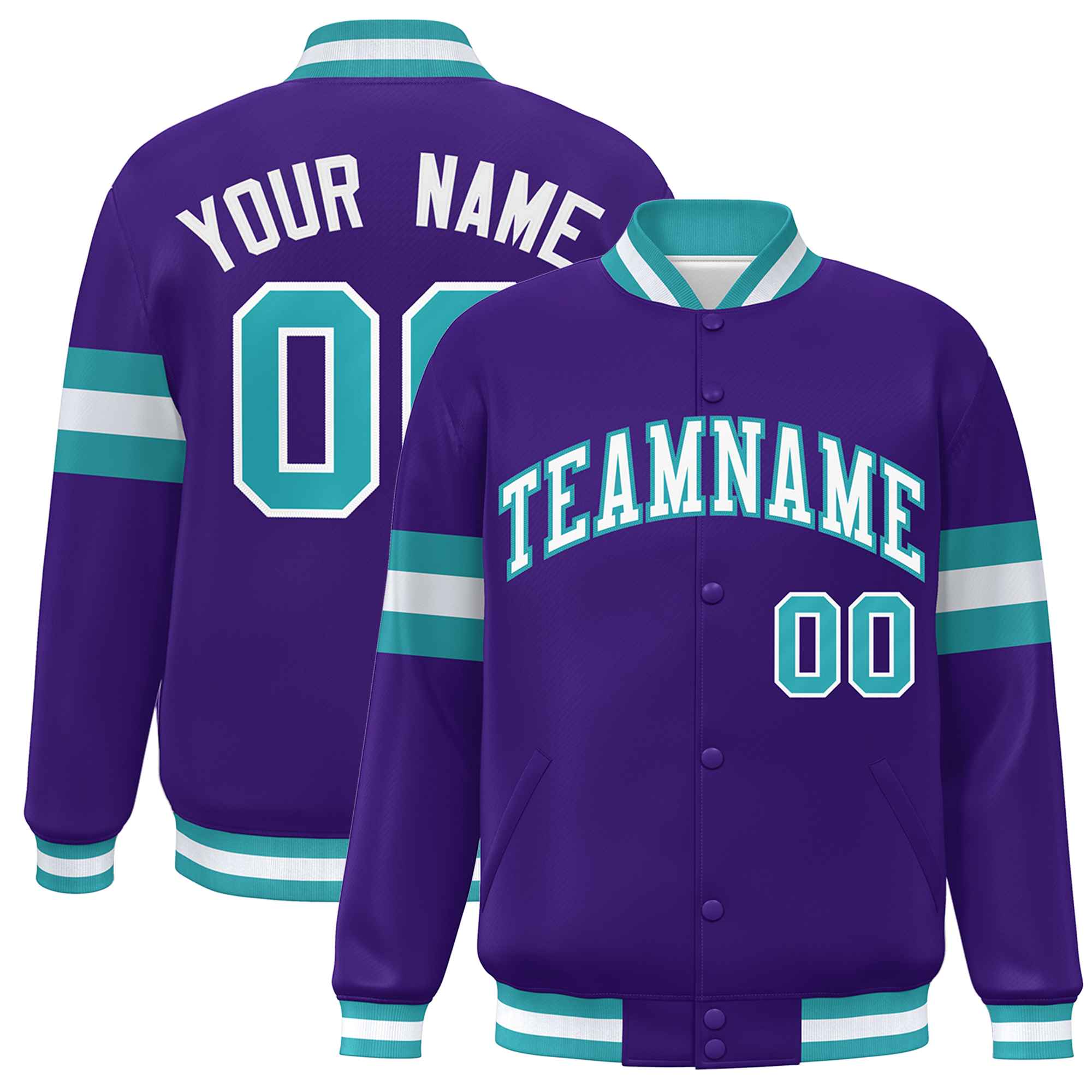 Custom Purple White-Aqua Color Block Bomber Varsity Full-Snap Baseball Jacket