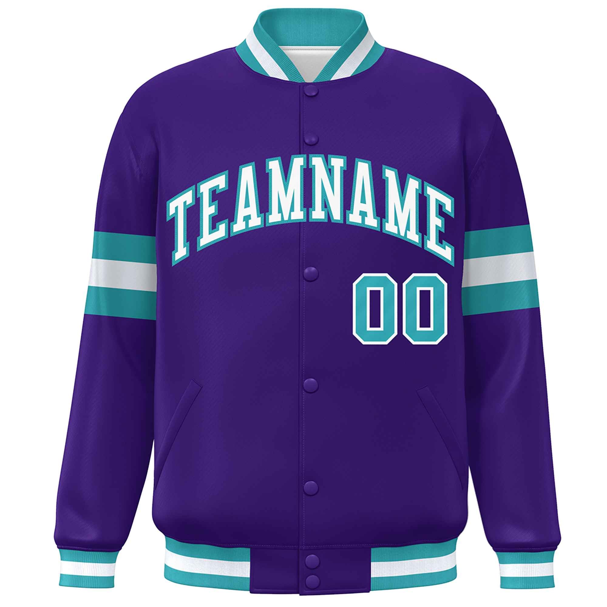 Custom Purple White-Aqua Color Block Bomber Varsity Full-Snap Baseball Jacket