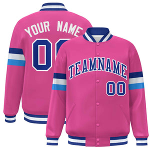 Custom Pink Royal-White Color Block Bomber Varsity Full-Snap Baseball Jacket