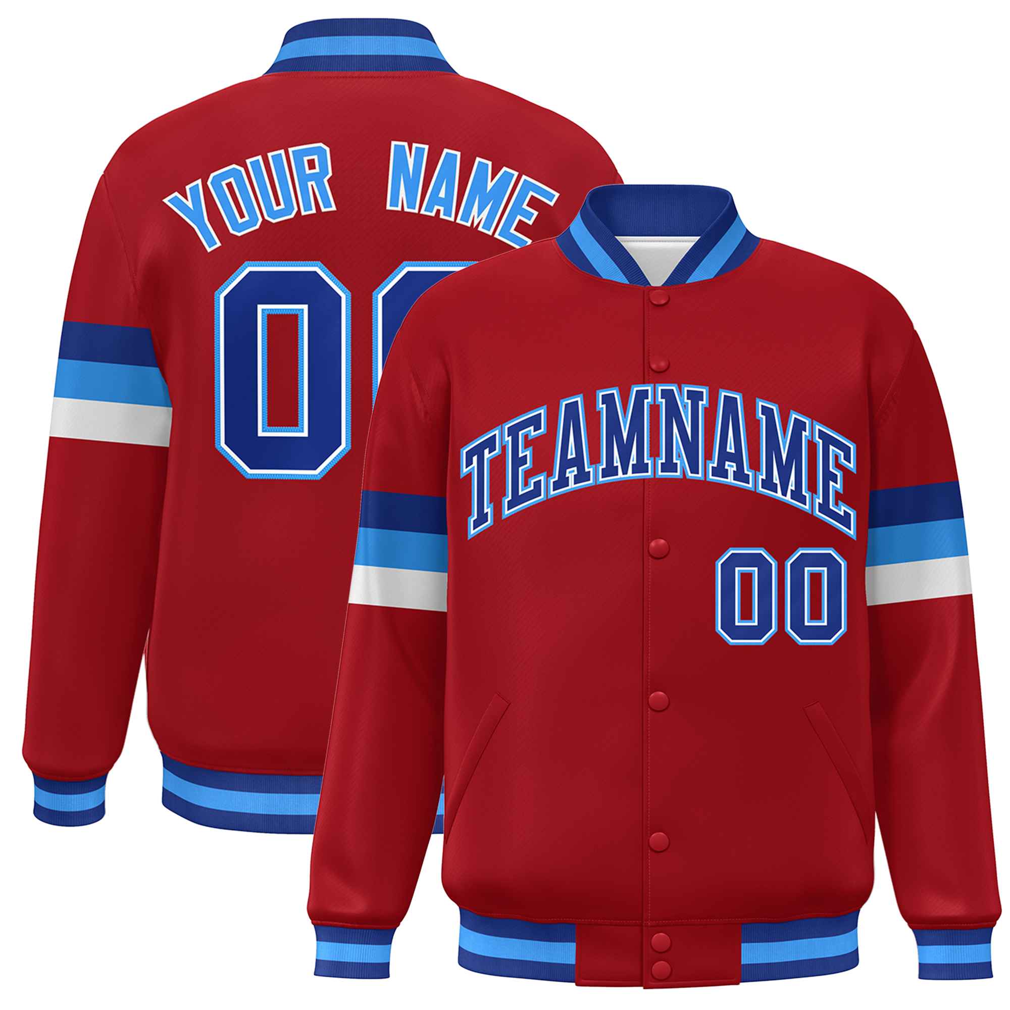 Custom Red Royal-Powder Blue Color Block Bomber Varsity Full-Snap Baseball Jacket