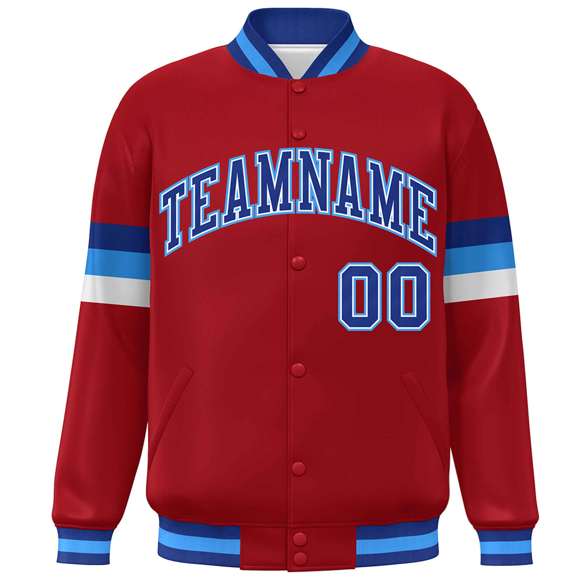 Custom Red Royal-Powder Blue Color Block Bomber Varsity Full-Snap Baseball Jacket