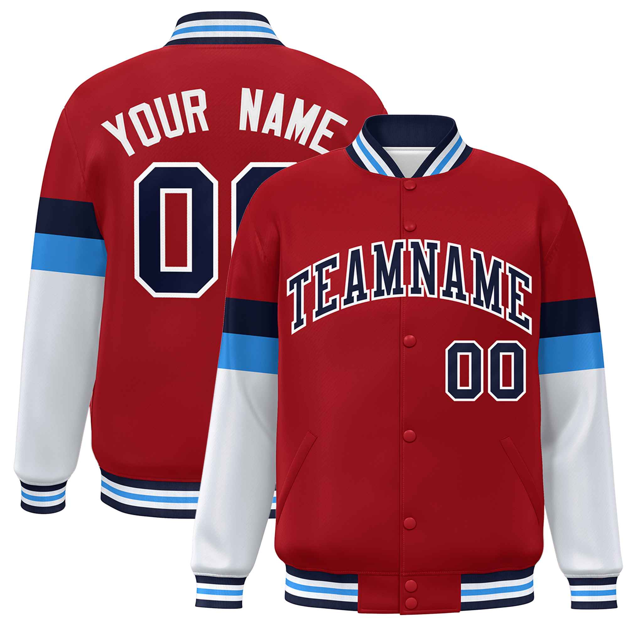 Custom Red Navy-White Color Block Bomber Varsity Full-Snap Baseball Jacket