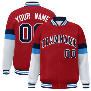 Custom Red Navy-White Color Block Bomber Varsity Full-Snap Baseball Jacket