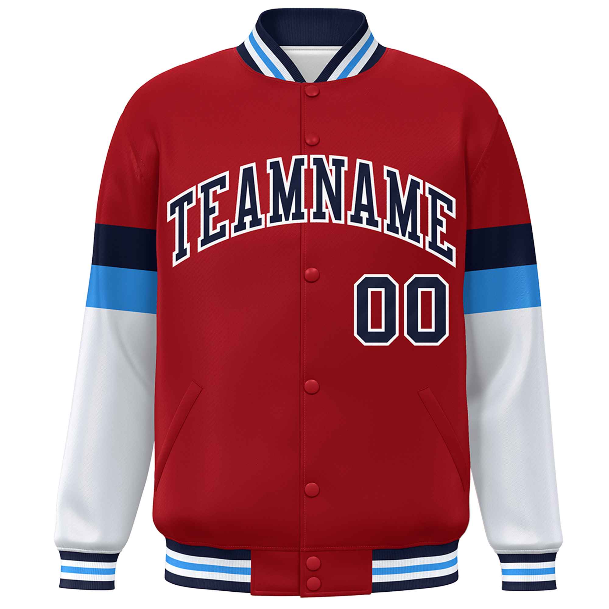 Custom Red Navy-White Color Block Bomber Varsity Full-Snap Baseball Jacket