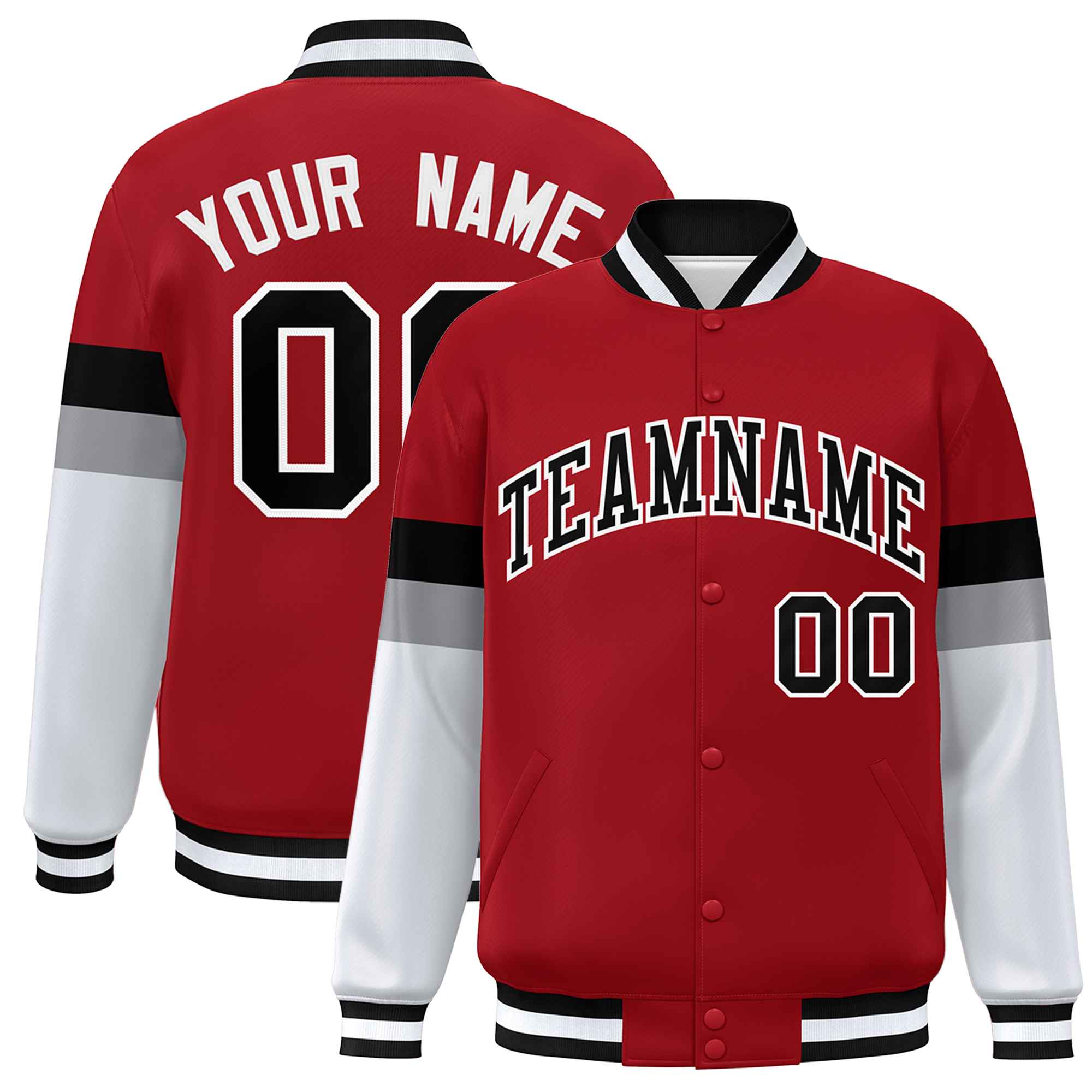 Custom Red Black-White Color Block Bomber Varsity Full-Snap Baseball Jacket