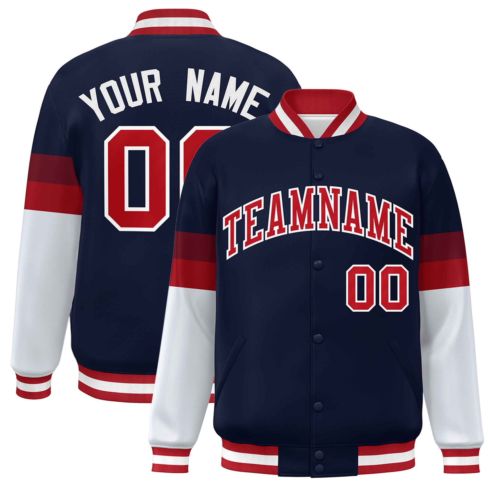 Custom Navy Red-White Color Block Bomber Varsity Full-Snap Baseball Jacket