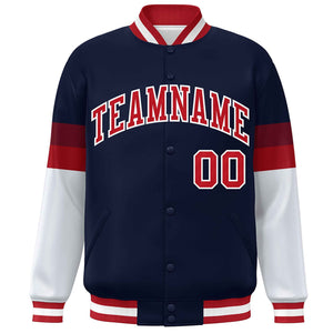 Custom Navy Red-White Color Block Bomber Varsity Full-Snap Baseball Jacket