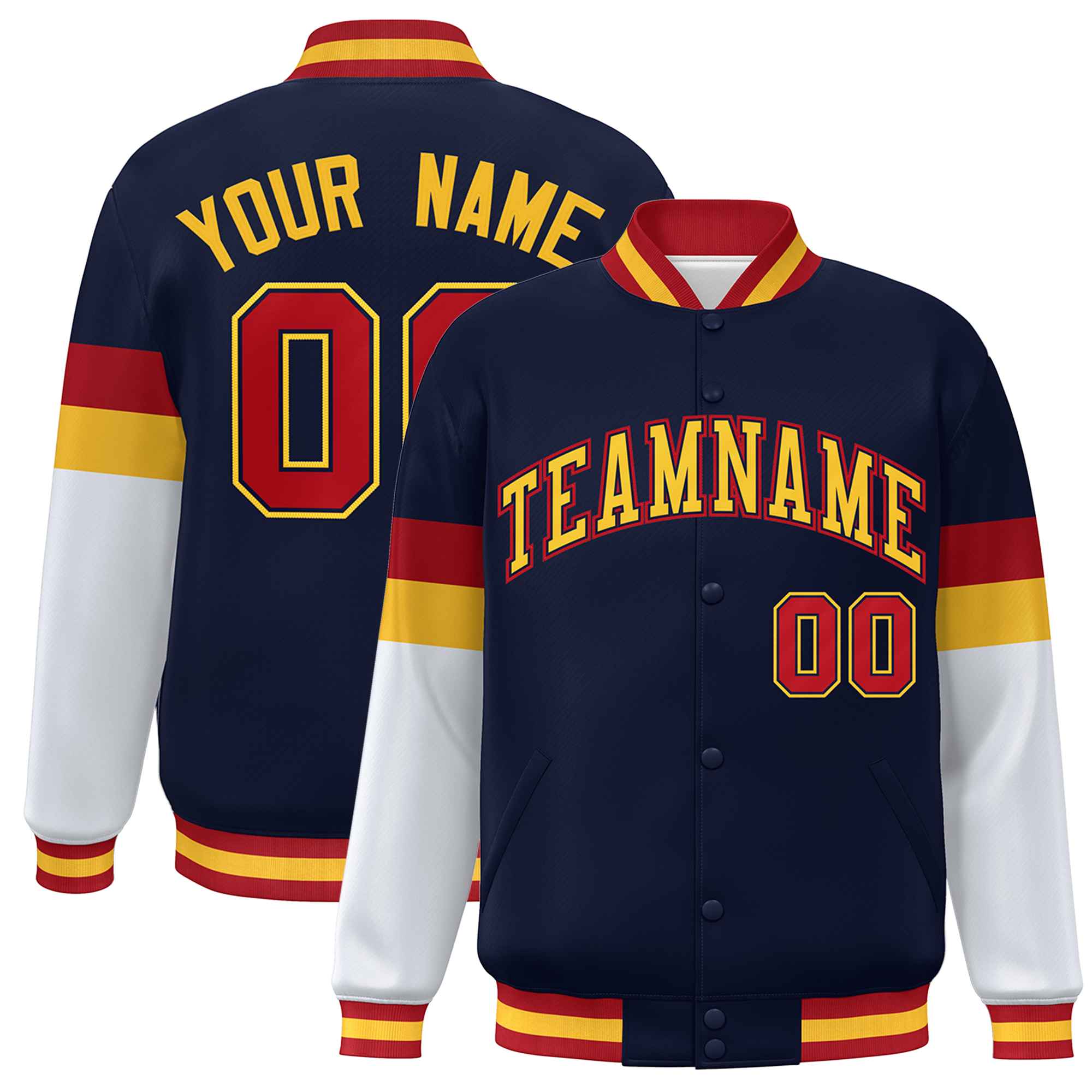 Custom Navy Gold-Red Color Block Bomber Varsity Full-Snap Baseball Jacket