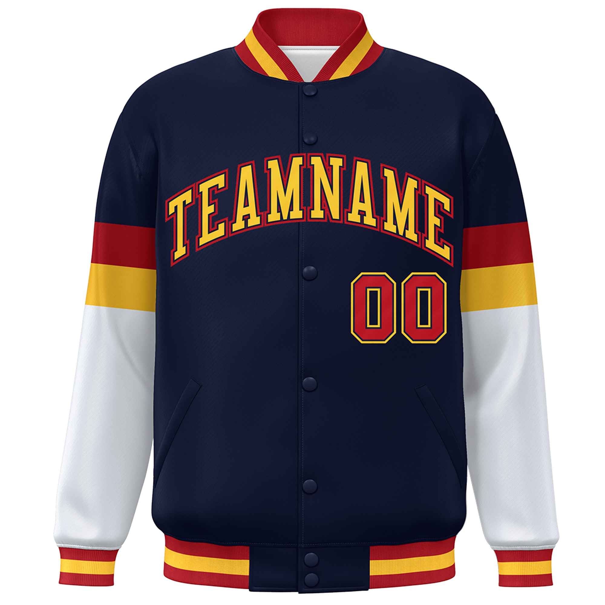 Custom Navy Gold-Red Color Block Bomber Varsity Full-Snap Baseball Jacket