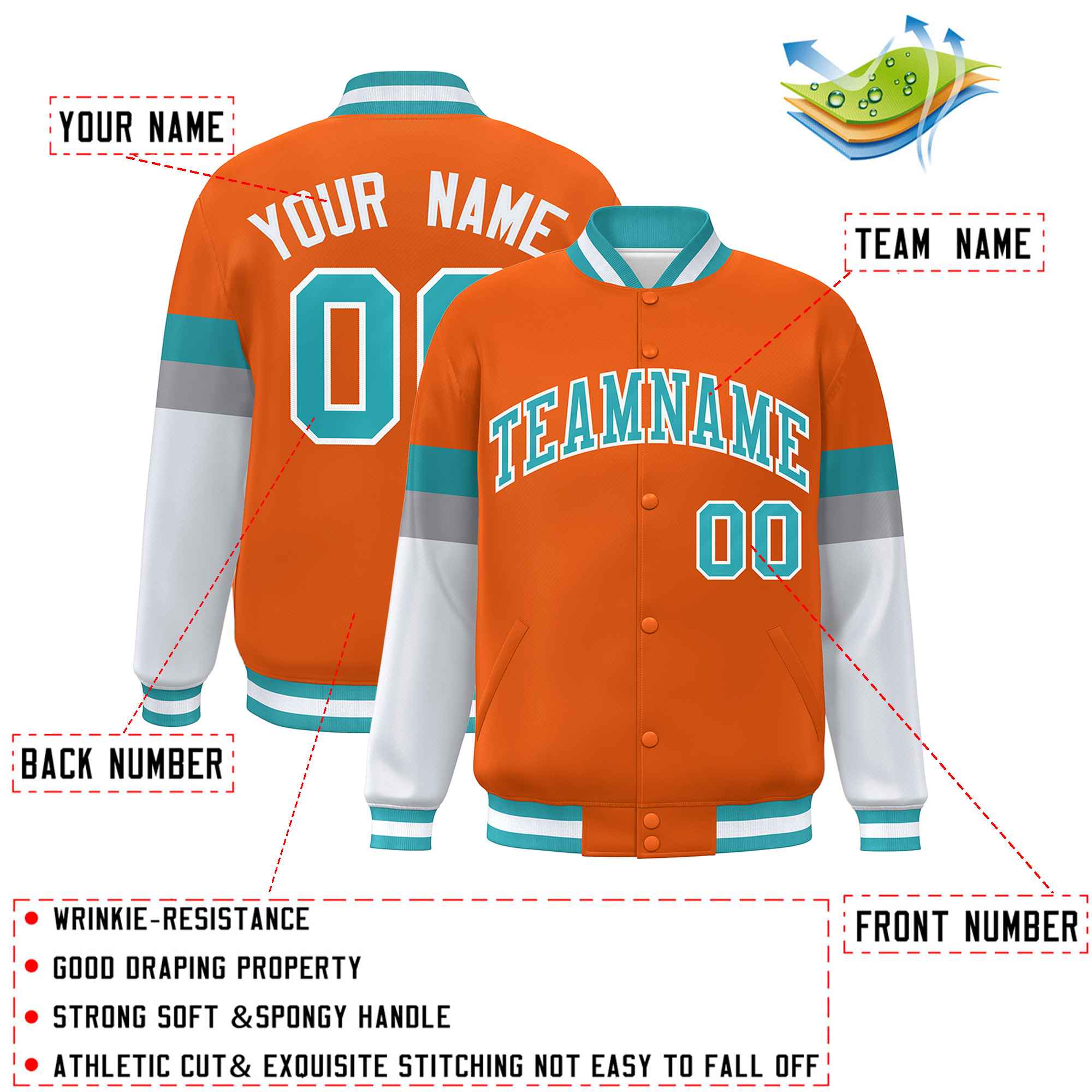 Custom Orange Aqua-White Color Block Bomber Varsity Full-Snap Baseball Jacket