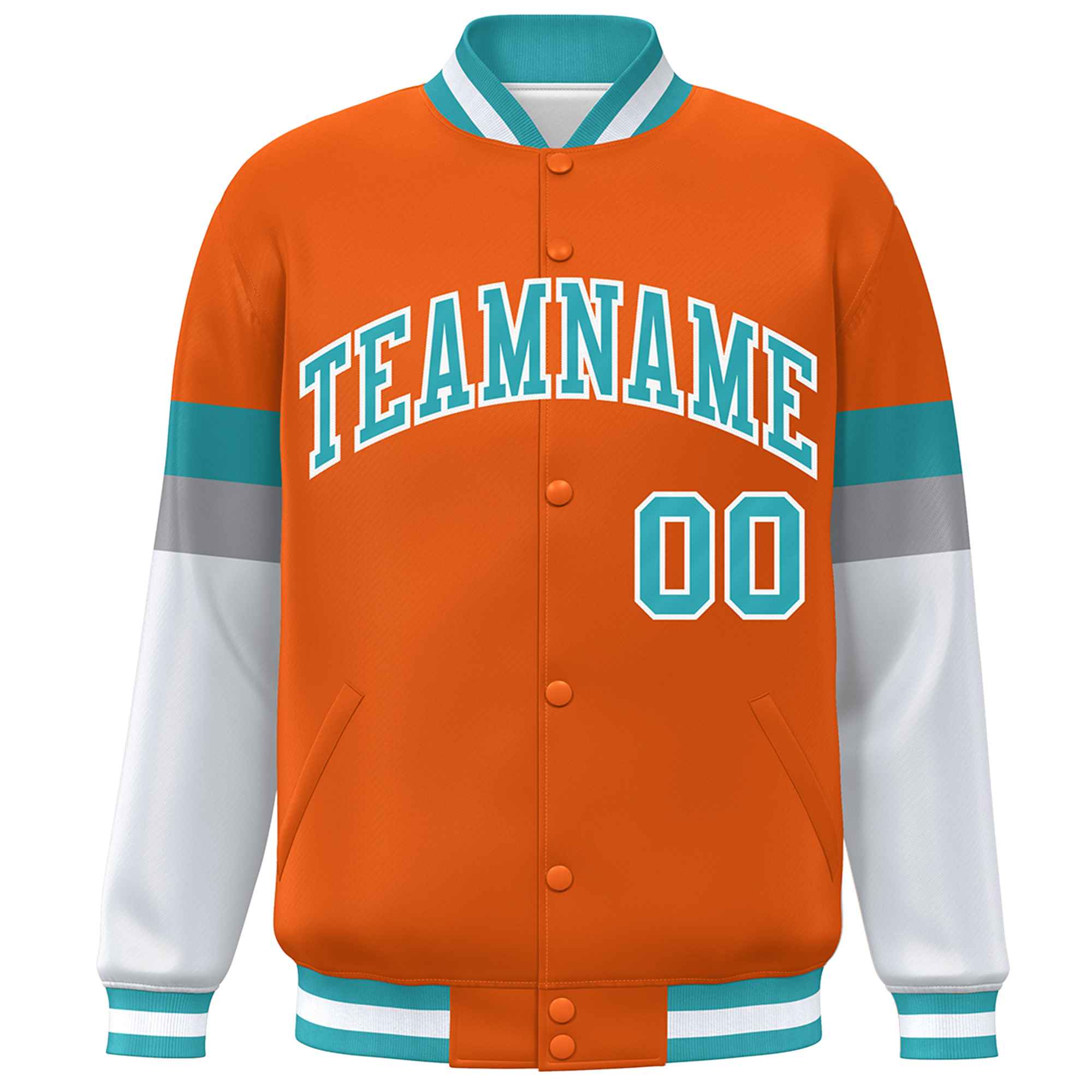 Custom Orange Aqua-White Color Block Bomber Varsity Full-Snap Baseball Jacket