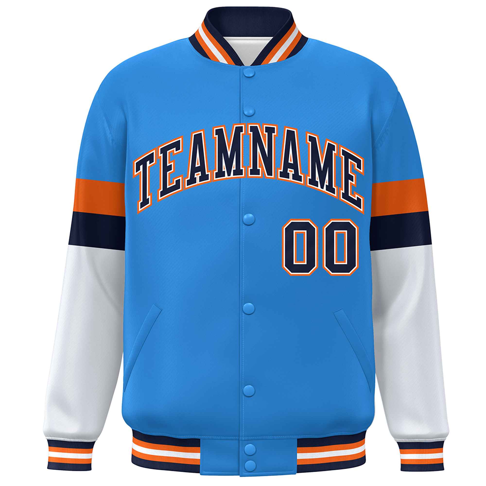 Custom Powder Blue Navy-Orange Color Block Bomber Varsity Full-Snap Baseball Jacket