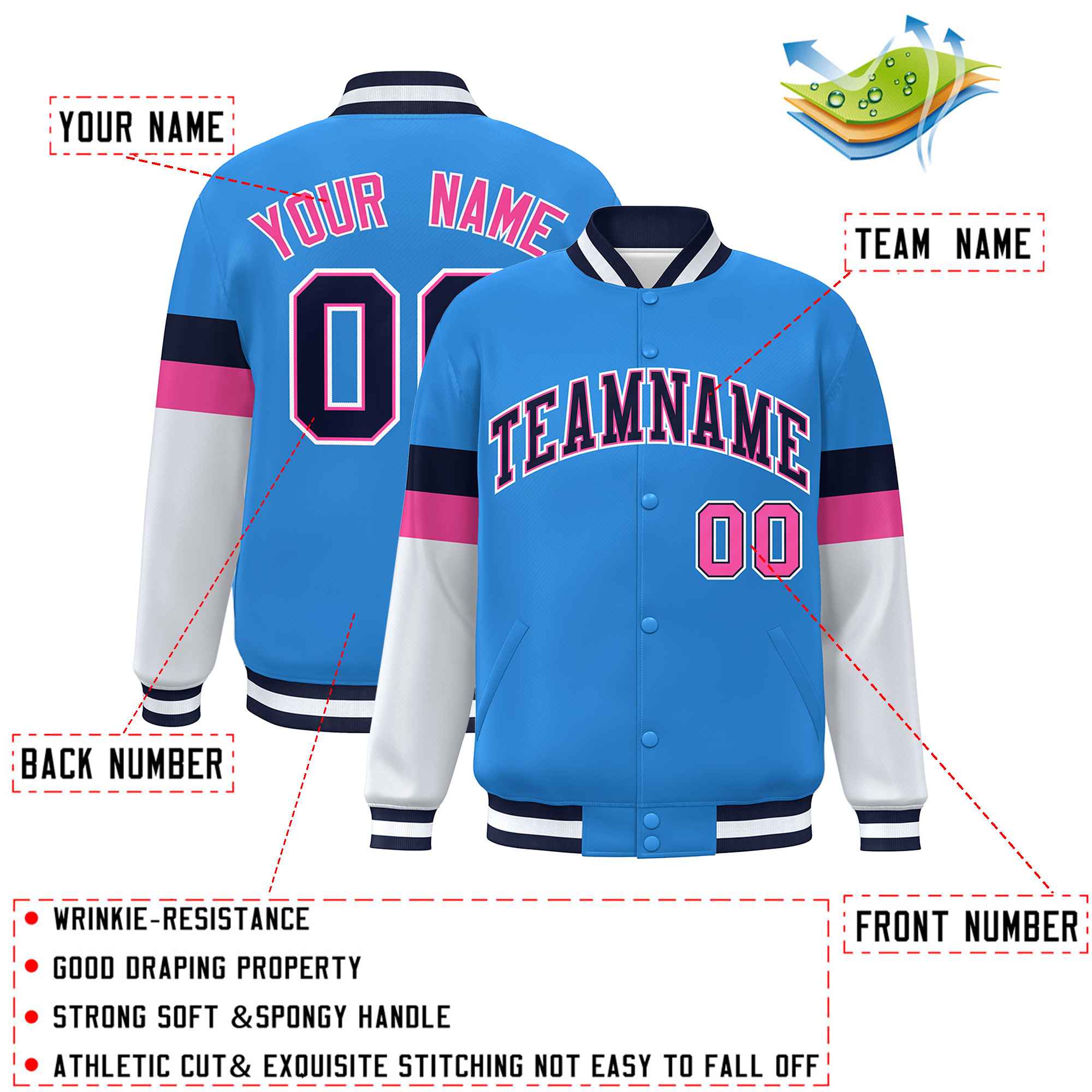 Custom Powder Blue Navy-White Color Block Bomber Varsity Full-Snap Baseball Jacket